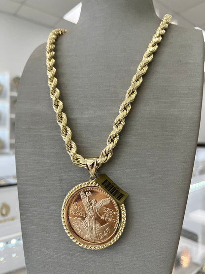 SET CADENA SEMI-SÓLIDA SOGA + MEDALLA CENTENARIO ORO 14K / ROPE CHAIN HALLOW + 14K GOLD CENTENARY MEDAL SET 14K