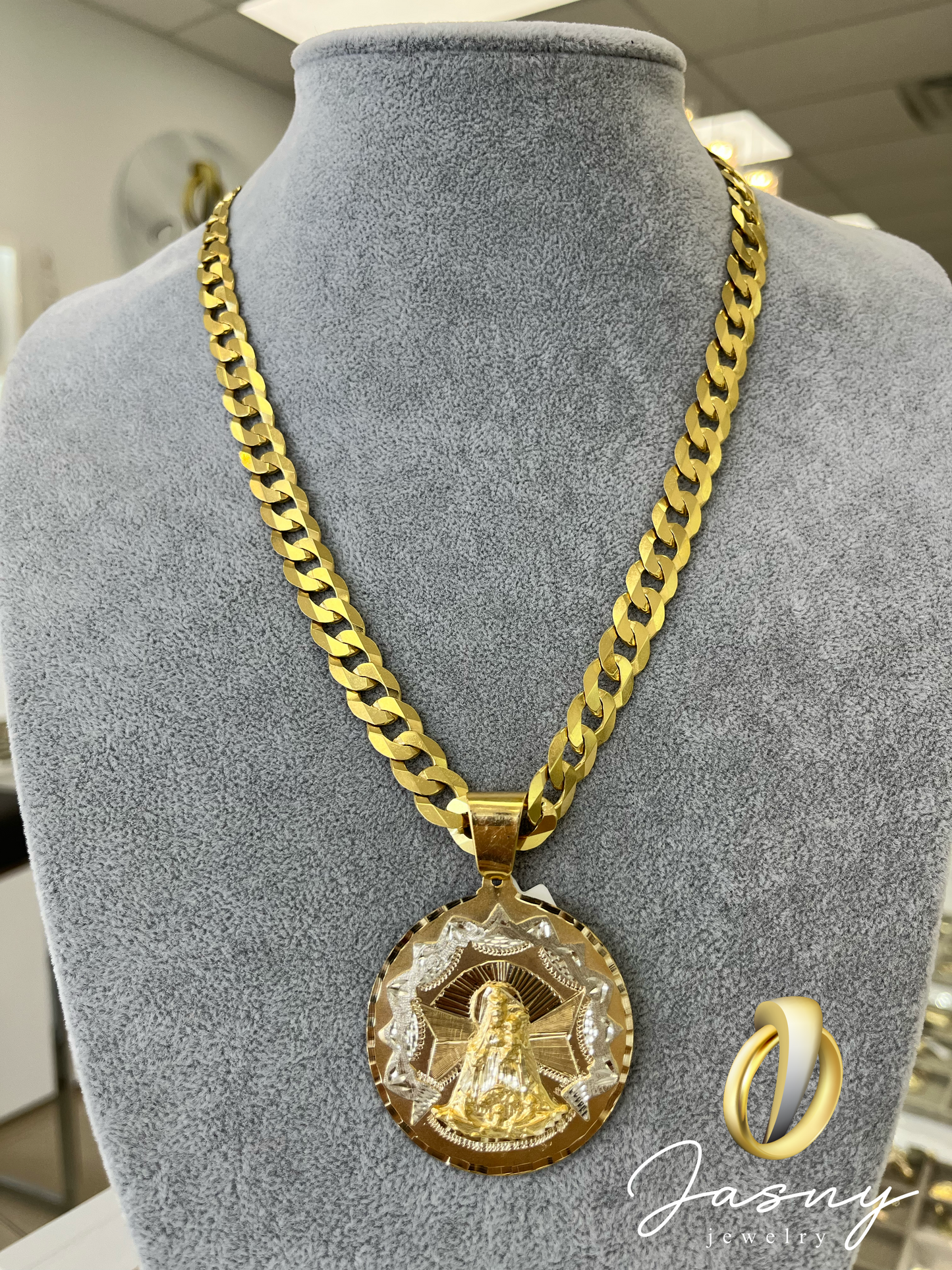 SET ORO 10K CADENA CORTE ESPEJO + MEDALLA DE LA VIRGEN / 10K GOLD SET CURB LINK CHAIN + VIRGIN PENDENT