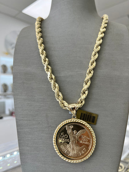 SET CADENA SEMI-SÓLIDA SOGA + MEDALLA CENTENARIO ORO 14K / ROPE CHAIN HALLOW + 14K GOLD CENTENARY MEDAL SET 14K