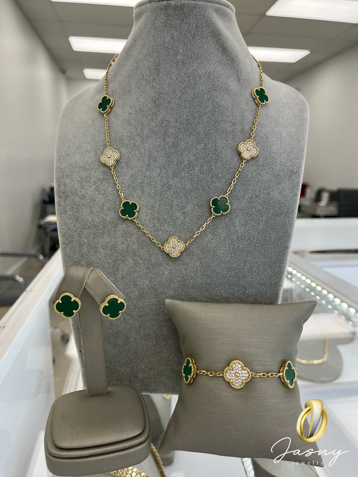 SET TREBOL ORO 14K GARGANTILLA, BRAZALETE Y ARETES 🍀 14K GOLD CLOVER SET NECKLACE, BRACELET AND EARRINGS