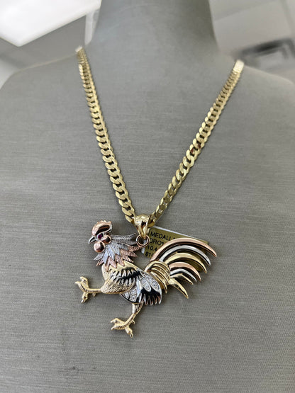 🐓 CADENA CORTE ESPEJO + DIJE GALLO ORO 14K