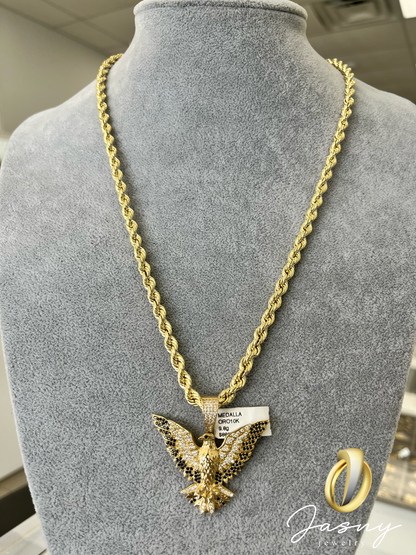 SET ORO 10K CADENA SOGA SEMI-SOLIDA + DIJE AGUILA / 10K GOLD SET HOLLOW ROPE CHAIN + EAGLE PENDANT