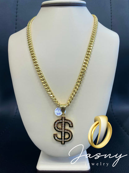 Set medal dollar and chain Cuban link gold 14k