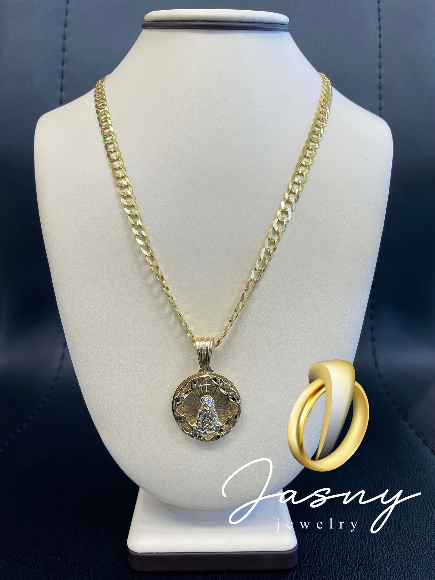 Set medal virgin and chain Cuban link gold 14k