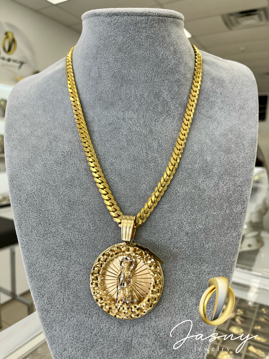 SOLID GOLD CUBAN LINK CHAIN 10k + SAINT LAZARO PENDANT 14k GOLD