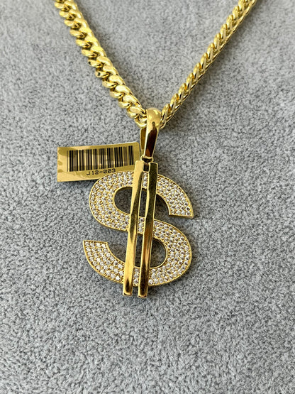 💵 SET ORO 14K CADENA CUBAN LINK HALLOW + DIJE DOLAR