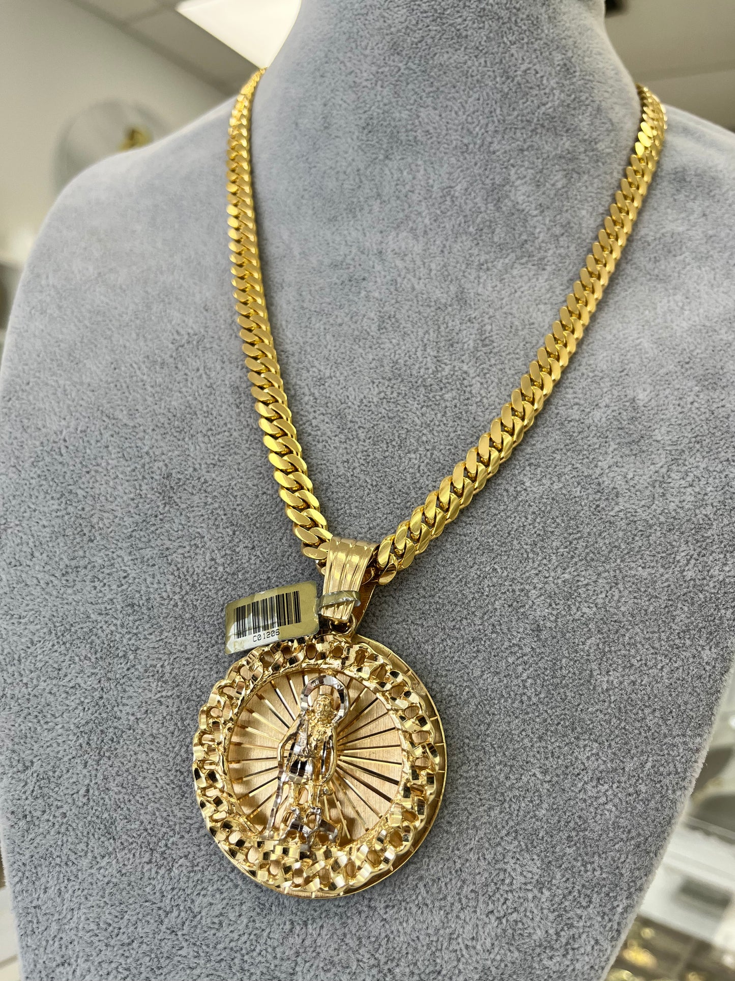 SOLID GOLD CUBAN LINK CHAIN 10k + SAINT LAZARO PENDANT 14k GOLD