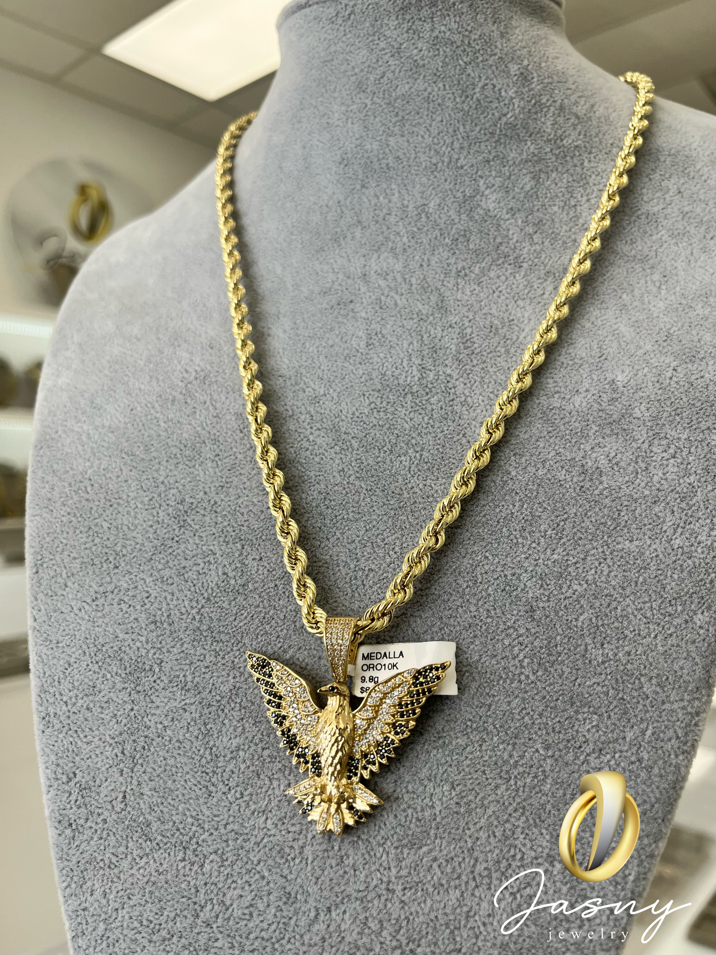 SET ORO 10K CADENA SOGA SEMI-SOLIDA + DIJE AGUILA / 10K GOLD SET HOLLOW ROPE CHAIN + EAGLE PENDANT