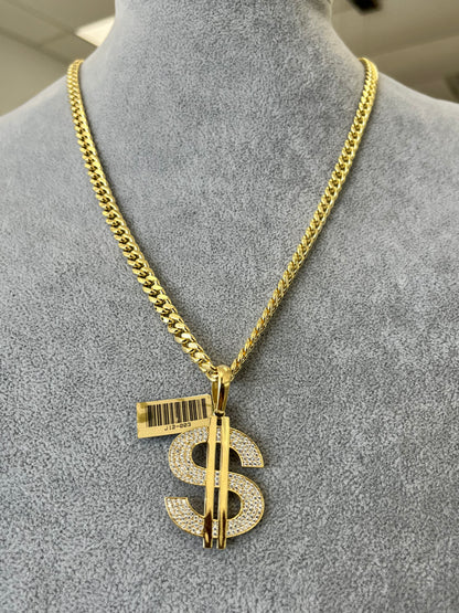 💵 SET ORO 14K CADENA CUBAN LINK HALLOW + DIJE DOLAR